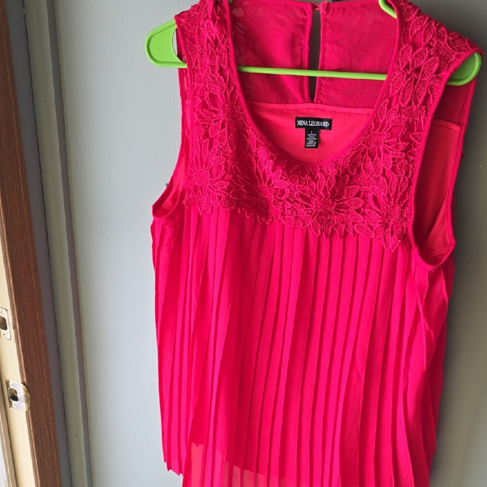 Nina Leonard Hot Pink Lace Yoke Pleated Sleeveless Tunic